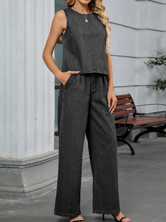 Conjunto De Dos Piezas Con Top Sin Mangas Y Pantalón Estilo Vaquero Para Mujer | Ideal Para Uso Diario