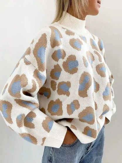 Jersey de Punto con Cuello Alto y Estampado Animal para Mujer | Ideal para Uso Diario en Invierno
