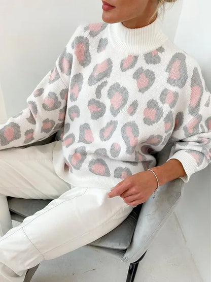 Jersey de Punto con Cuello Alto y Estampado Animal para Mujer | Ideal para Uso Diario en Invierno
