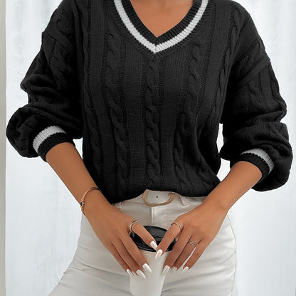 Jersey De Manga Larga Con Motivo Trenzado Y Cuello En V Para Mujer | Ideal Para Otoño E Invierno