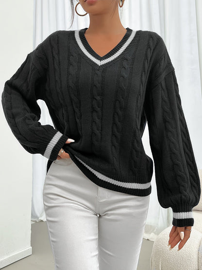 Jersey De Manga Larga Con Motivo Trenzado Y Cuello En V Para Mujer | Ideal Para Otoño E Invierno
