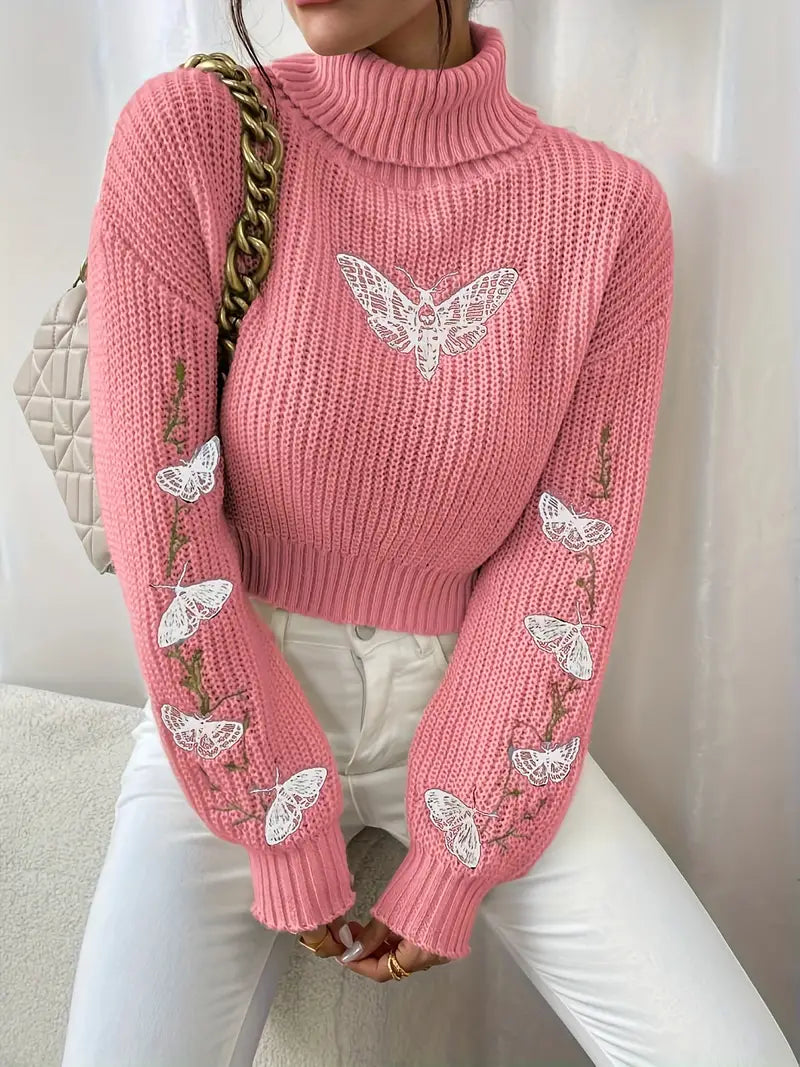 Jersey de Cuello Alto con Motivo de Mariposa para Mujer | Ideal para Otoño e Invierno
