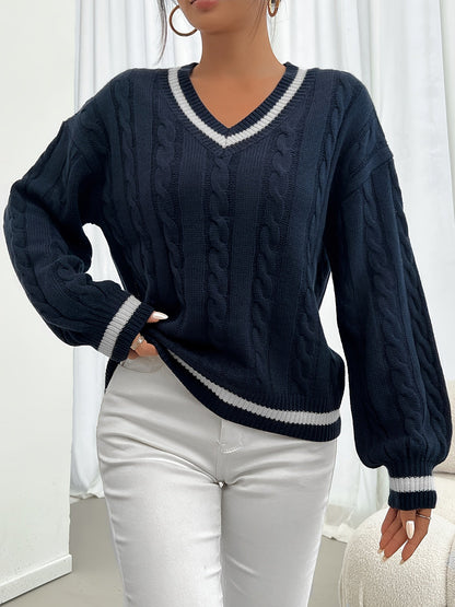 Jersey De Manga Larga Con Motivo Trenzado Y Cuello En V Para Mujer | Ideal Para Otoño E Invierno