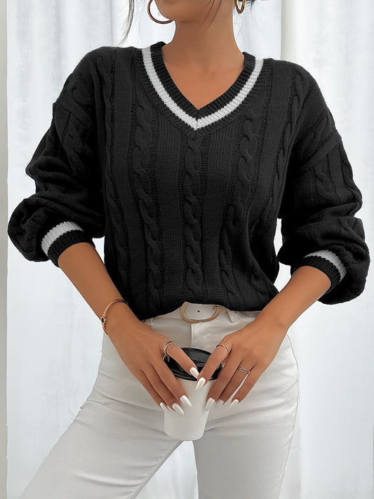 Jersey De Manga Larga Con Motivo Trenzado Y Cuello En V Para Mujer | Ideal Para Otoño E Invierno