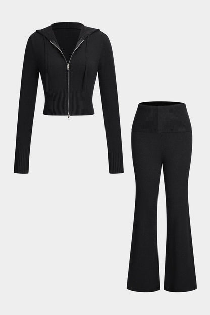 Conjunto De Dos Piezas Con Chaqueta Con Capucha Y Pantalón Acampanado Para Mujer | Ideal Para Uso Diario