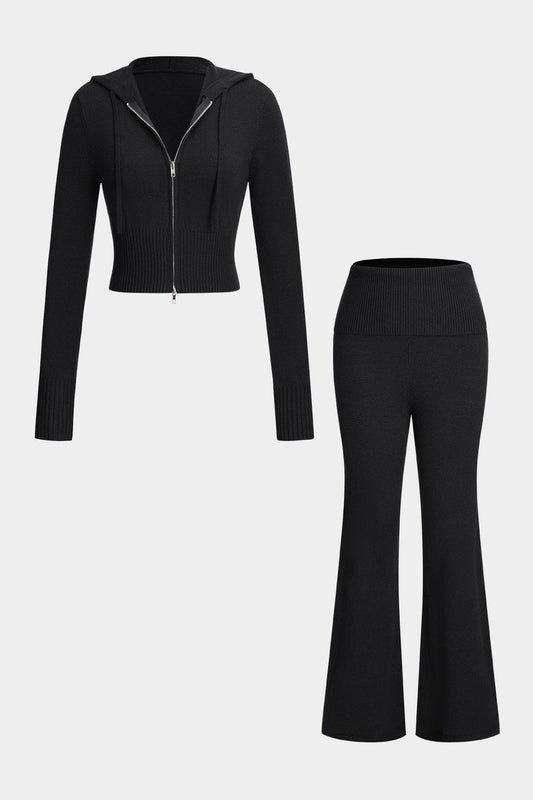 Conjunto De Dos Piezas Con Chaqueta Con Capucha Y Pantalón Acampanado Para Mujer | Ideal Para Uso Diario