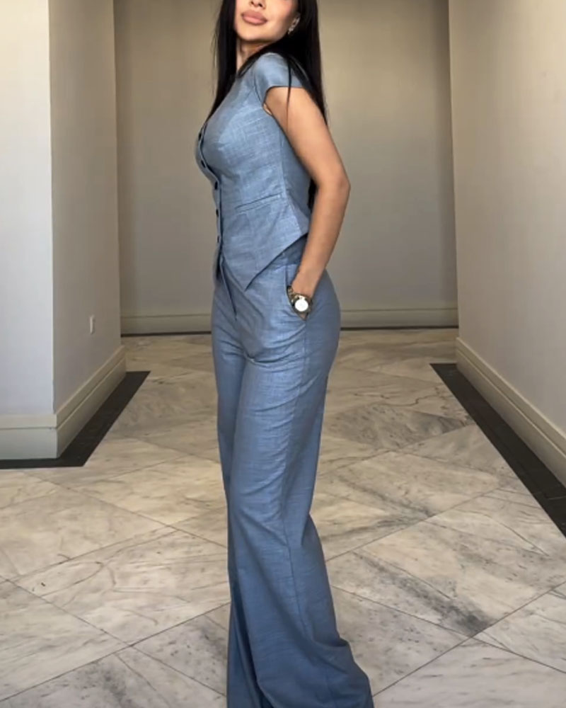 Conjunto De Dos Piezas Con Top De Cuello En V Y Pantalón Para Mujer | Ideal Para Uso Diario