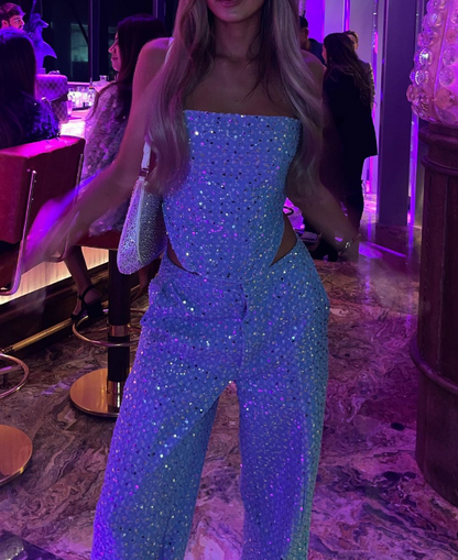 Conjunto De Dos Piezas Con Top Sin Tirantes Y Pantalón Recto Para Mujeres | Ideal Para Eventos De Noche