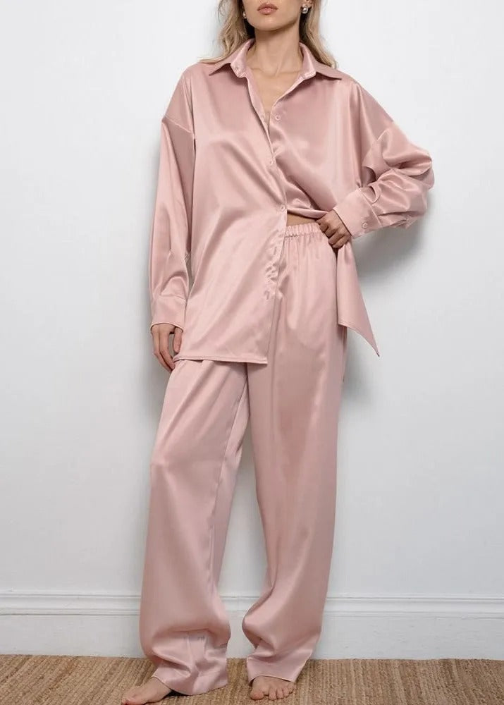 Conjunto De Dos Piezas Con Camisa Abotonada y Pantalón De Pierna Ancha para Adultos | Ideal para Uso Diario Y Descanso