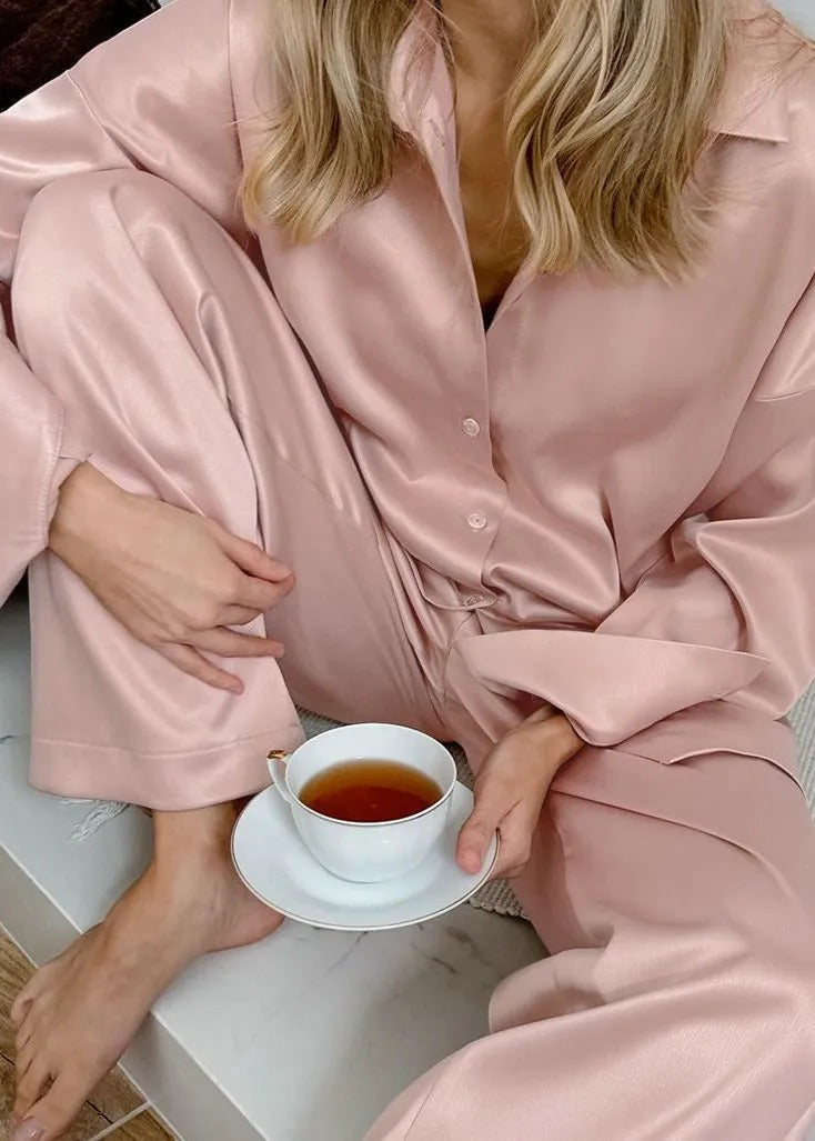 Conjunto De Dos Piezas Con Camisa Abotonada y Pantalón De Pierna Ancha para Adultos | Ideal para Uso Diario Y Descanso