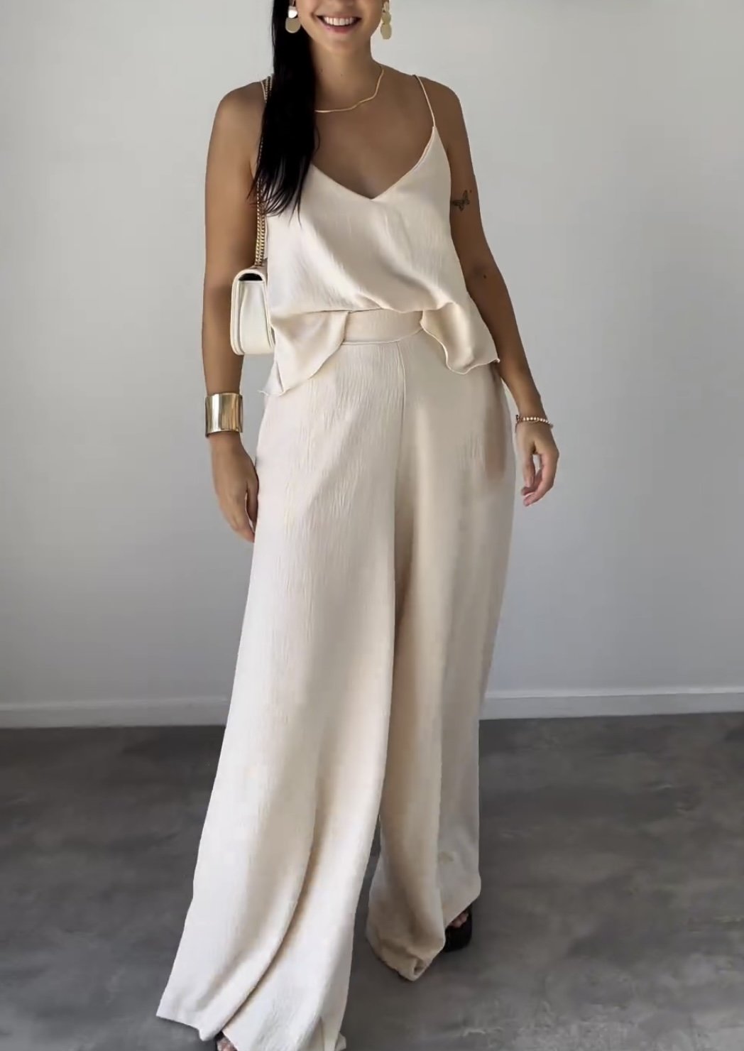 Conjunto De Dos Piezas Con Top Sin Mangas De Escote En V Y Pantalón De Pierna Ancha Para Mujer | Ideal Para Uso Diario