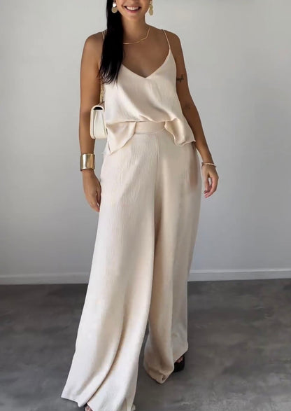 Conjunto De Dos Piezas Con Top Sin Mangas De Escote En V Y Pantalón De Pierna Ancha Para Mujer | Ideal Para Uso Diario