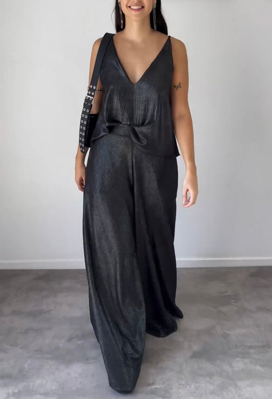 Conjunto De Dos Piezas Con Top Sin Mangas De Escote En V Y Pantalón De Pierna Ancha Para Mujer | Ideal Para Uso Diario