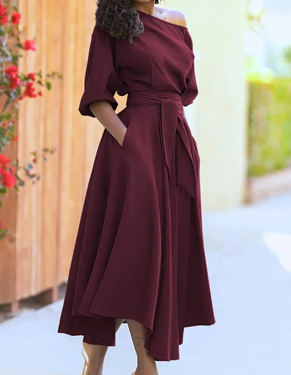 Vestido Midi con Hombros Descubiertos y Mangas Farol para Mujer | Ideal para Ceremonias y Eventos Nocturnos