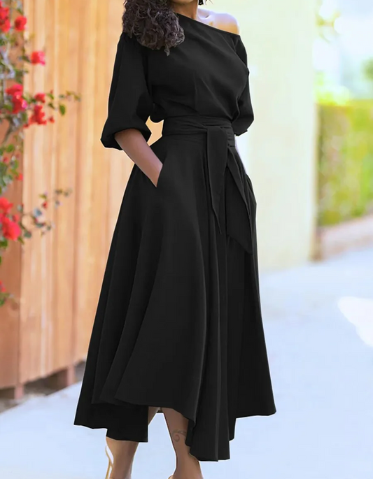 Vestido Midi con Hombros Descubiertos y Mangas Farol para Mujer | Ideal para Ceremonias y Eventos Nocturnos