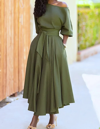 Vestido Midi con Hombros Descubiertos y Mangas Farol para Mujer | Ideal para Ceremonias y Eventos Nocturnos