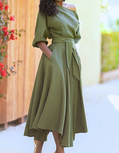 Vestido Midi con Hombros Descubiertos y Mangas Farol para Mujer | Ideal para Ceremonias y Eventos Nocturnos