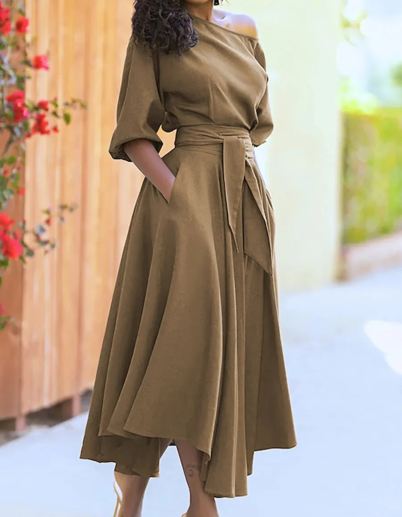 Vestido Midi con Hombros Descubiertos y Mangas Farol para Mujer | Ideal para Ceremonias y Eventos Nocturnos