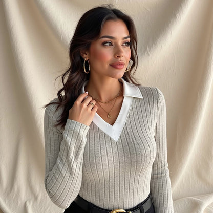 Jersey de Punto Canalé con Cuello Polo para Mujer | Ideal para Uso Diario