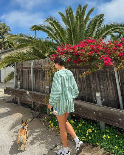 Conjunto con Blusa de Rayas y Short para Mujer | Ideal para Verano