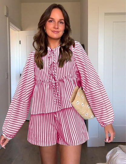 Conjunto Con Top De Manga Larga con Volumen y Short De Talle Alto para Mujer | Ideal para Temporada Cálida