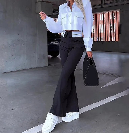 Conjunto De Dos Piezas Con Blazer A Rayas Y Pantalón Con Cordón Para Mujer | Ideal Para Uso Profesional